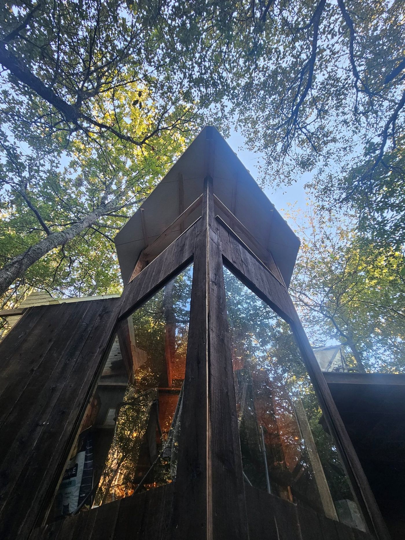 The yurt extension, clad in charred timber and salvaged glass, under the oak canopy